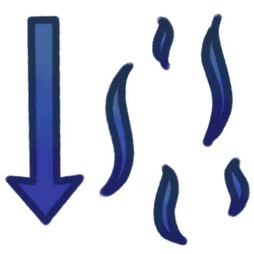 an arrow pointing downwards which is blue at the bottom and fades to lighter blue near the top, to the right of the arrow is 5 squiggly lines, 2 large ones, one medium one and two small ones. they’re also fading from light blue to dark blue.